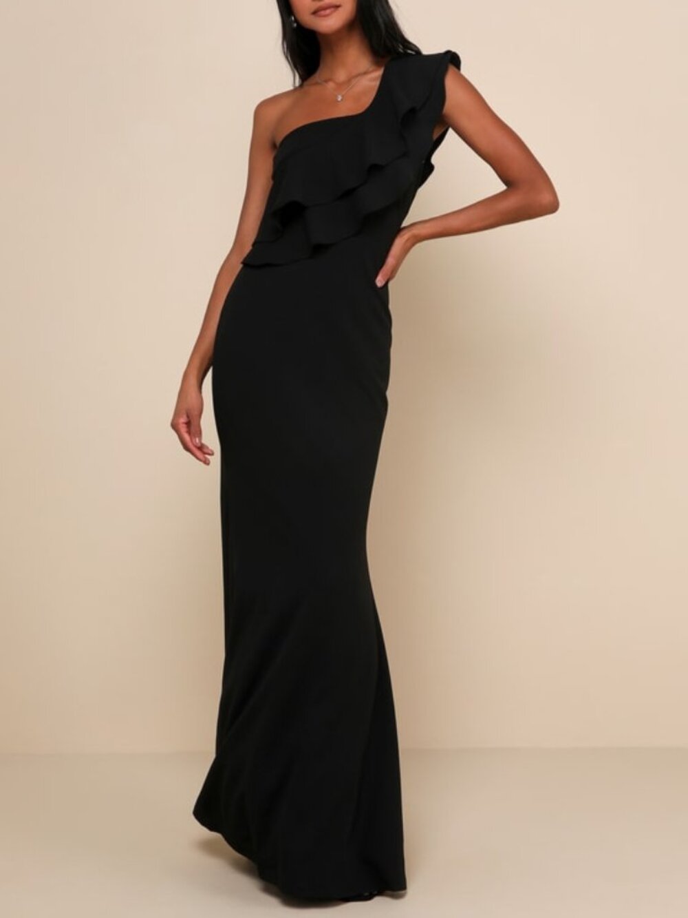 Lulus Grand Beauty Black Ruffled One-shoulder Mermaid Maxi Dress - Size L